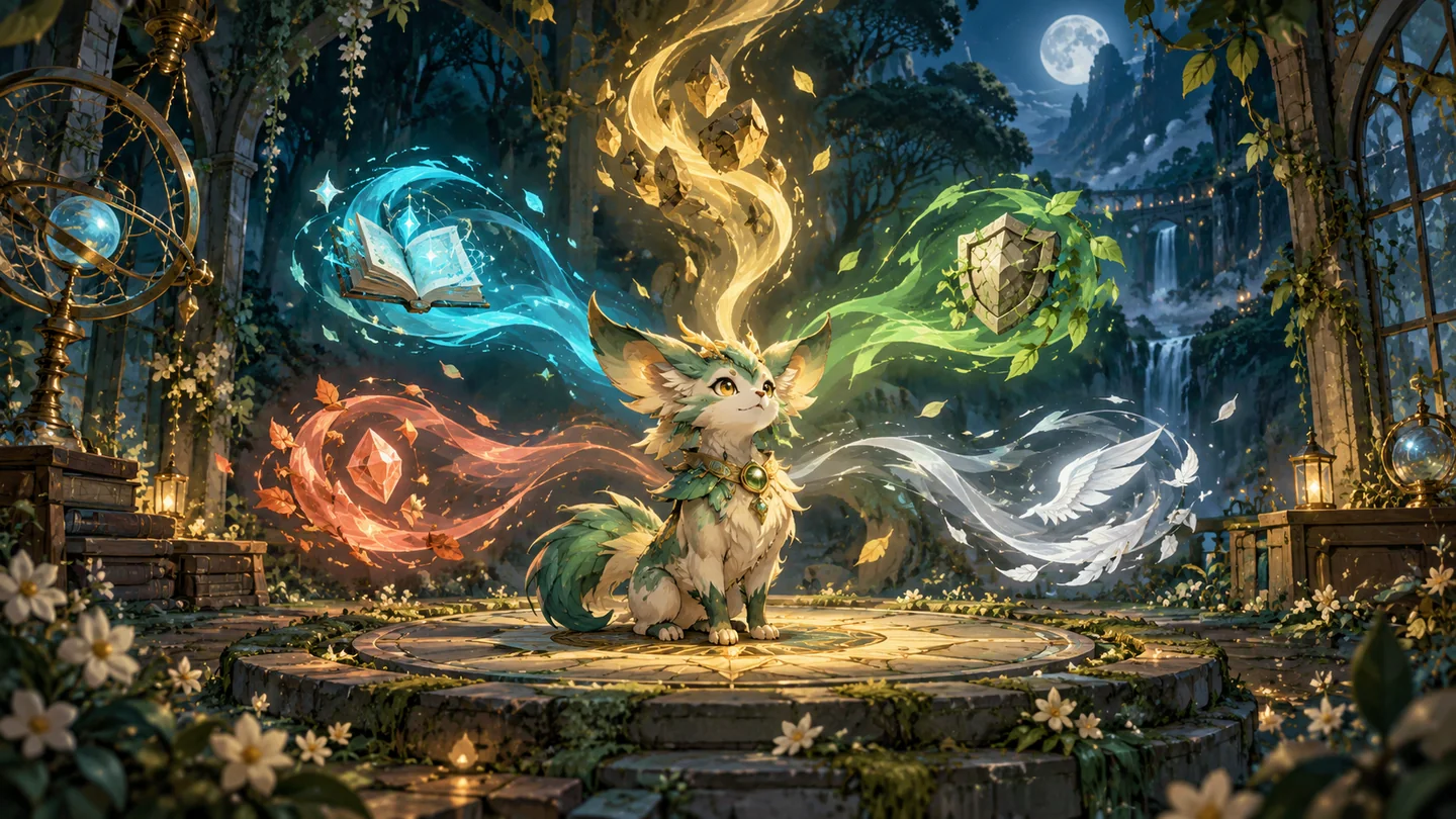 Original small fantasy companion in a botanical observatory surrounded by five symbolic colored stat currents.