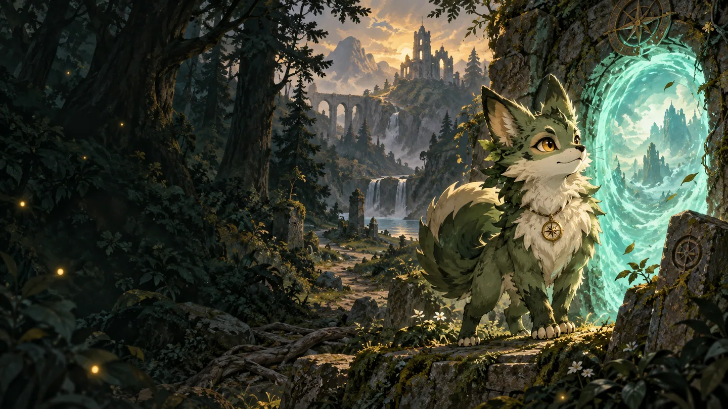Un guardiano della foresta con bussola accanto a un varco turchese. Illustrazione originale assistita dall’IA.